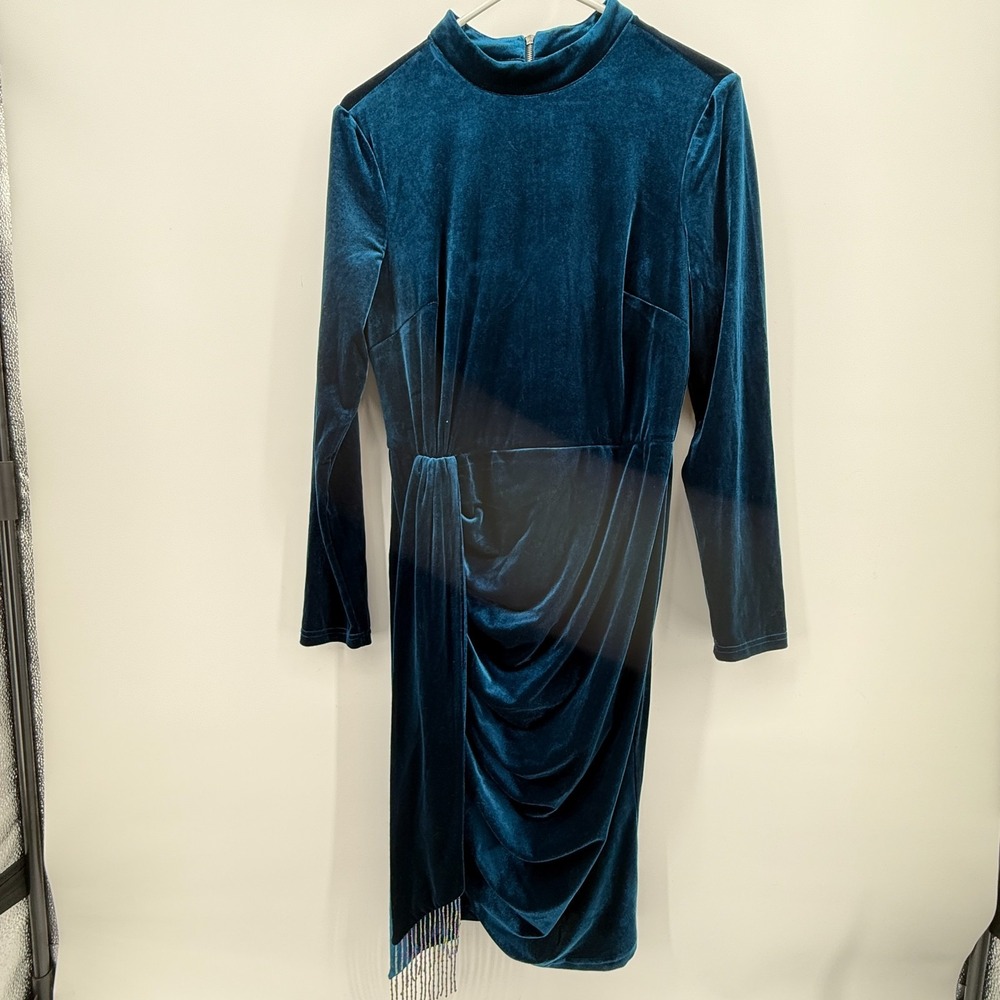 Tahari ASL Jewel Blue Velvet Beaded Fringe Sash Mock Neck Dress Womens 8 Party